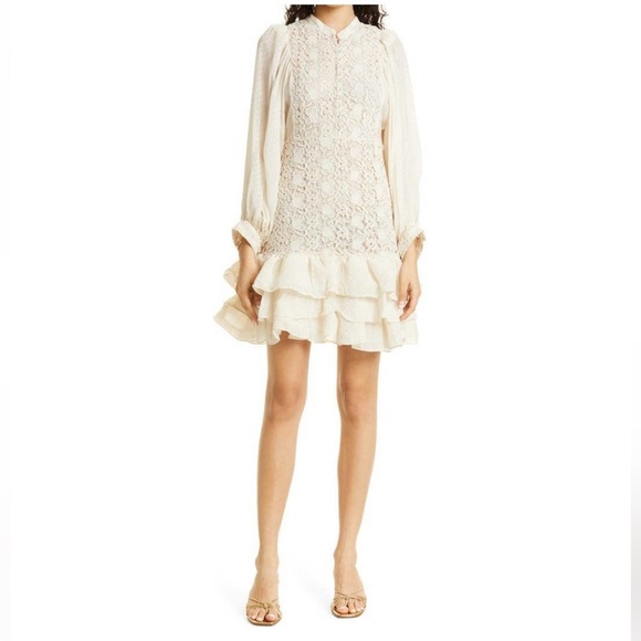 NWOT ByTiMo Dot Jacquard Lace Long Sleeve Ruffled Cream Mini Dress - Picture 1 of 13